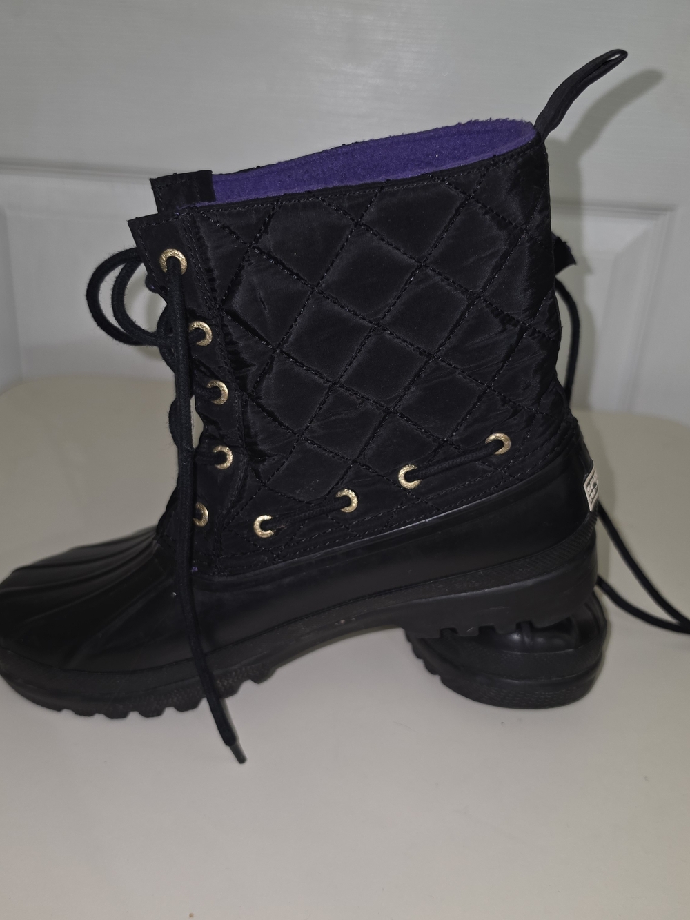 Sperry Black Quilted Lace-Up Winter Duck Boots with Purple Lining - Picture 4 of 10